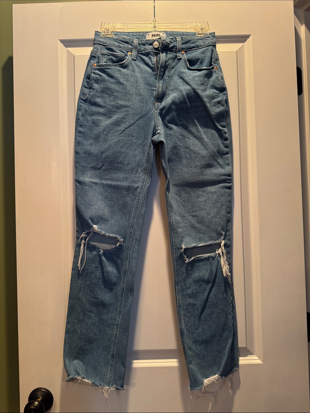 PAIGE Medium Blue Straight-Leg Distressed Jeans
